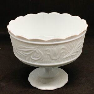 Vintage White Milk Glass Pedestal Compote Serving Dish Bowl Leaf Design 1960s